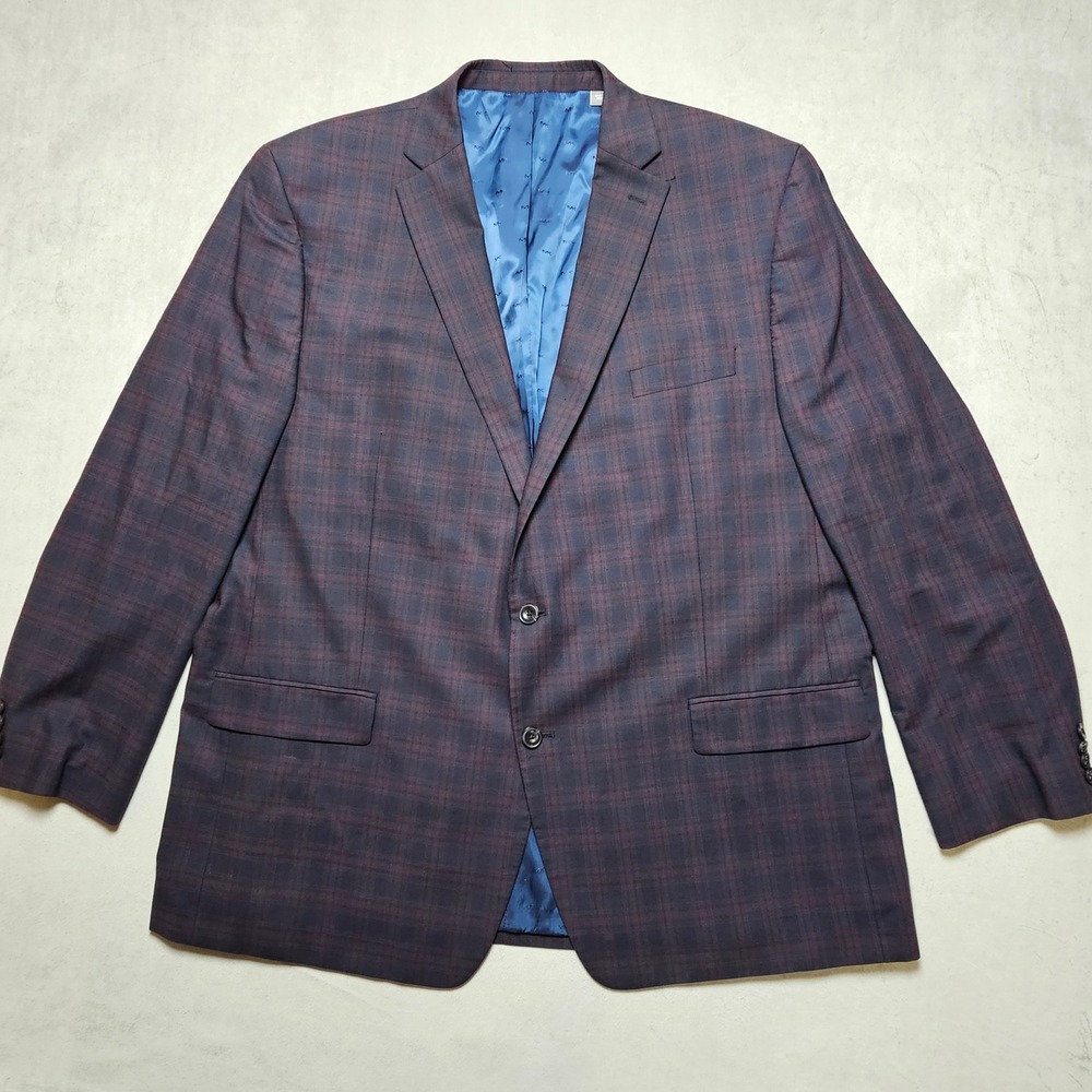 Michael Kors Mens 52XL Burgundy Navy Plaid Two Button Blazer Sport Coat Jacket